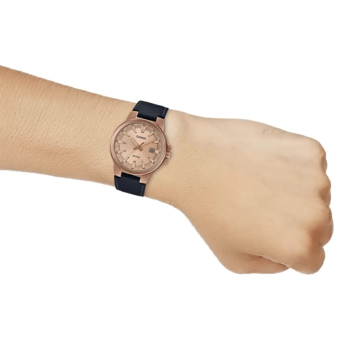 WW1807 Casio Enticer Date Stainless Steel Rose Gold Leather Belt Watch MTP-E173RL-5AVDF
