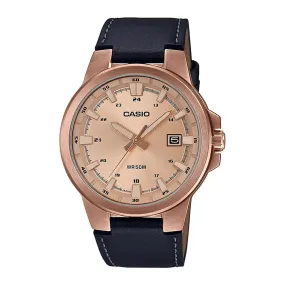 WW1807 Casio Enticer Date Stainless Steel Rose Gold Leather Belt Watch MTP-E173RL-5AVDF